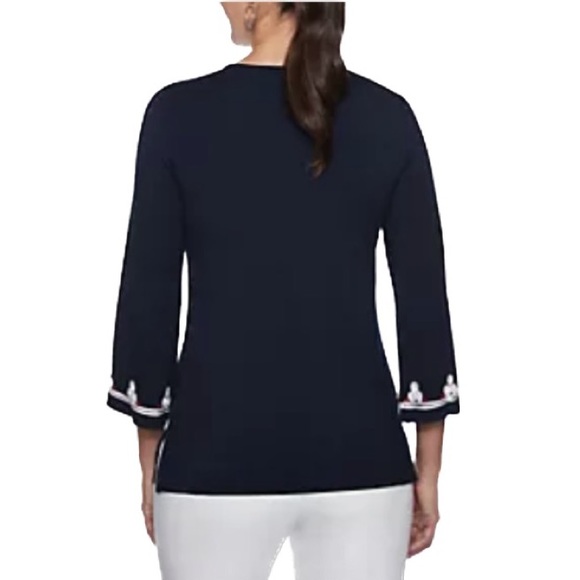 RUBY ROAD Elegant Cote D'Azur Embroidered Split Neck Knit Top Sz M - Picture 2 of 6